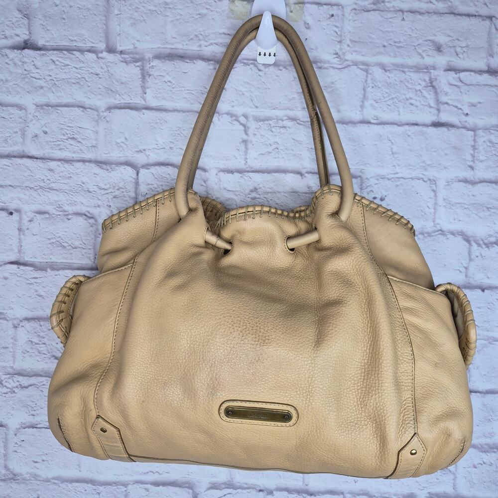 Vintage Cole Haan Tan Pebbled Leather Whipstitch Embroidered Drawstring Hobo Bag - Picture 7 of 12